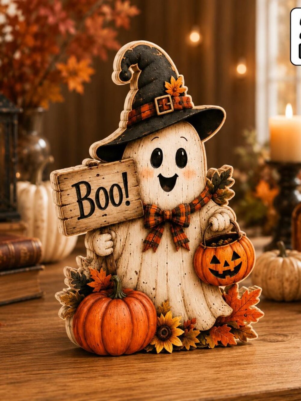 Cute Ghost Wooden Decor, Halloween Pumpkin Shelf Decor, Witch Hat Ghost Wood